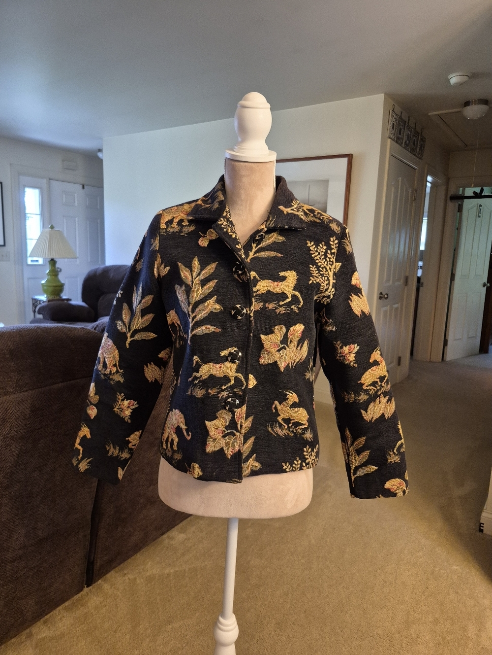 Lilly Of California Womens Black Floral & Animal Pattern Tapestry Jacket Size Sm